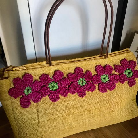 Vesker-Ladies Straw Summer Bag in Mustard Yellow with Fuschia/Pink Green Flowers