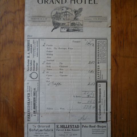 Gammel regning Grand Hotel Kongsberg 1929