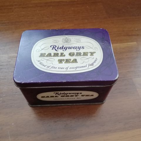 Antikk te metallboks Ridgways Earl Grey tea