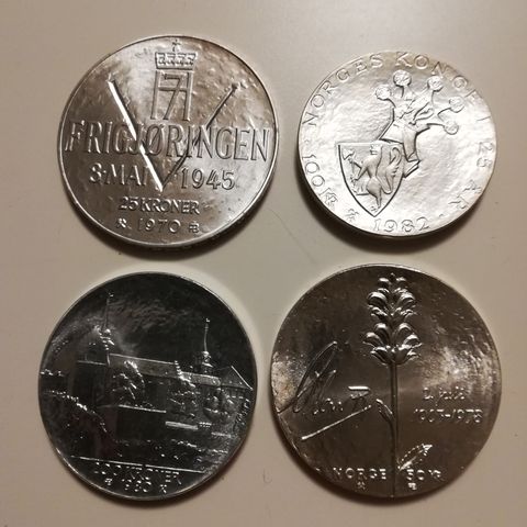 Minnemynt i sølv, 200 kr 1980, 100 kr 1982, 50 kr 1978, 25 kr 1970 kv 0