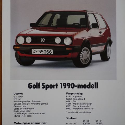 VW Golf Sport 1990 brosjyre