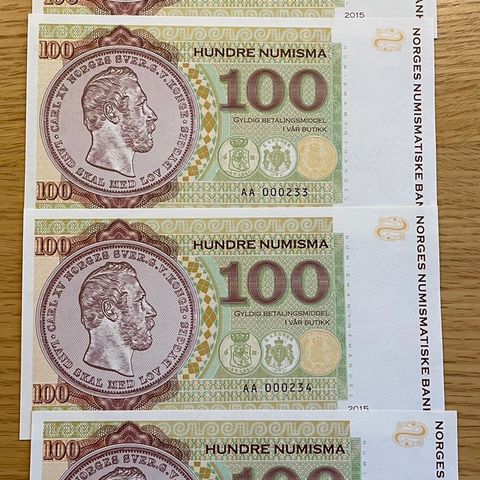 2015. 4 stk a 100 Numisma sedler,i rekkefølge