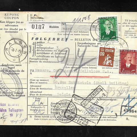 Flott Følgebrev fra Halden til Belgia 1949. Mange pene post- og kontrollstempler