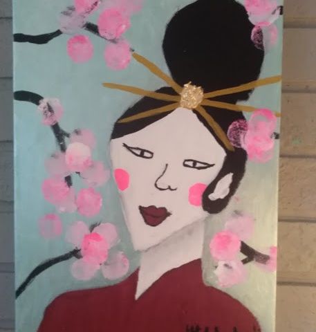 Akrylmaleri, "asiatisk dame", 30 X40 cm på lerret