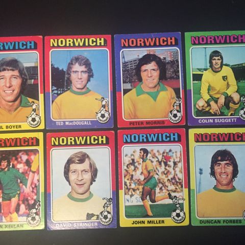 Norwich City - komplett sett 8 stk Topps 1975 fotballkort