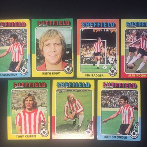 Sheffield United - komplett sett 7 stk Topps fotballkort fra 1975