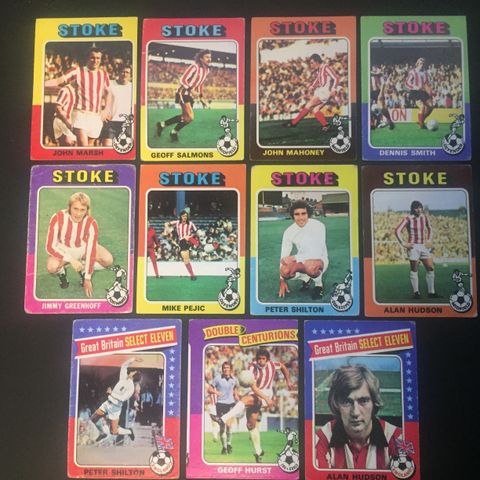 Stoke City - komplett sett 11 stk Topps 1975 fotballkort