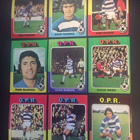 Queens Park Rangers - komplett sett 9 stk Topps 1975 fotballkort