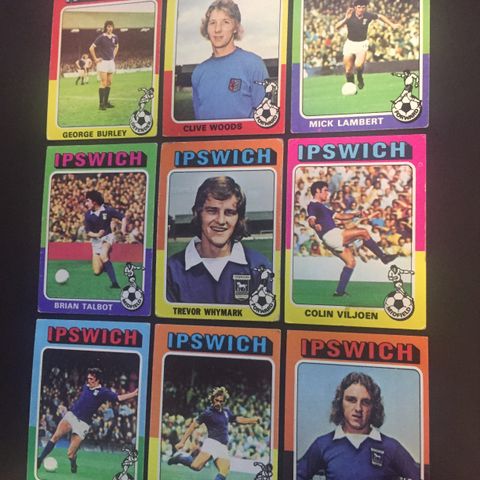 Ipswich Town - komplett sett 9 stk Topps 1975 fotballkort