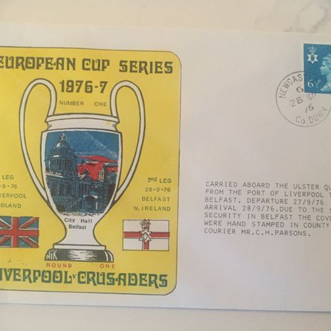 Liverpool mot Crusaders førstedagscover fra 1976