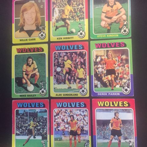 Wolverhampton Wanderers - komplett sett 9 stk Topps 1975 fotballkort
