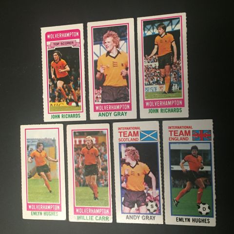 Wolverhampton Wanderers - komplett sett 7 stk Topps 1980 fotballkort