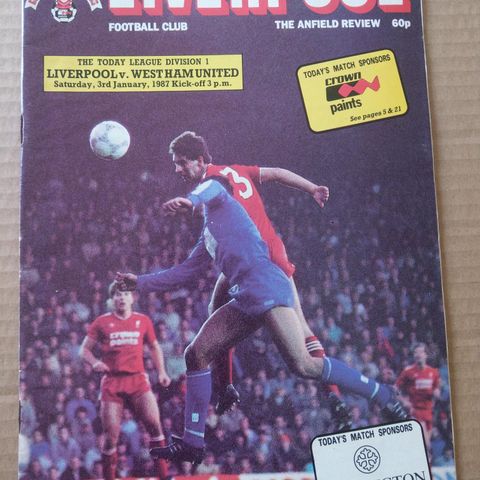 Fotballprogram Liverpool vs West Ham 1986/87