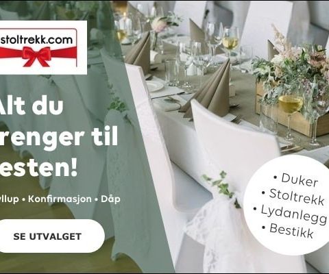 Konfirmasjon eller bryllup? Telt, bord, stoler, duker, stoltrekk, bestikk, løper