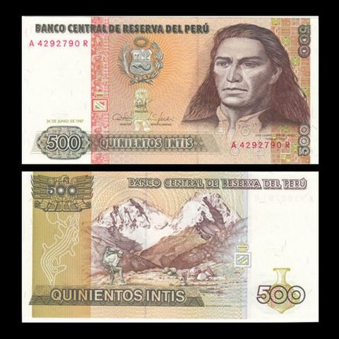 PERU 500 INTIS NY UNC 1987 SEDDEL PENGER/Valuta
