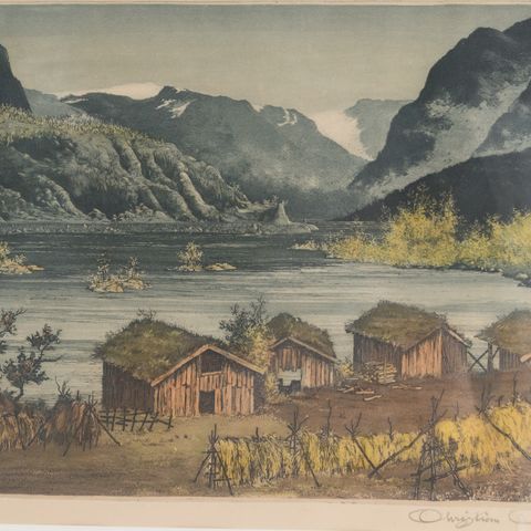 Naust og fjordlandskap av Christian Christensen (1898 til 1977) fra Århus