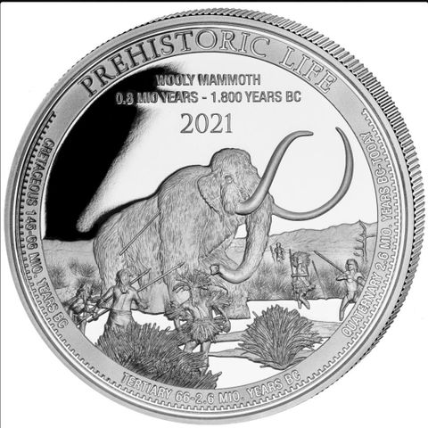 2021 KONGO 1 OZ SØLV «PREHISTORICAL LIFE – WOLLAMMUT» BU M/KAPSEL