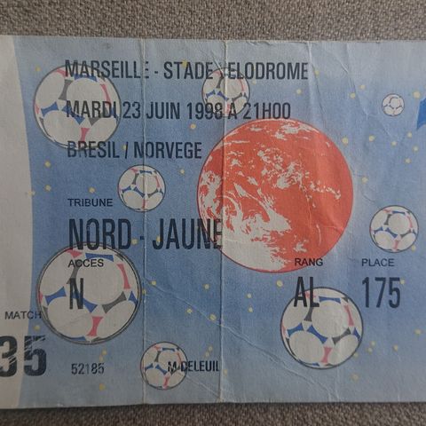 Billett Norge Brasil fotball VM 1998