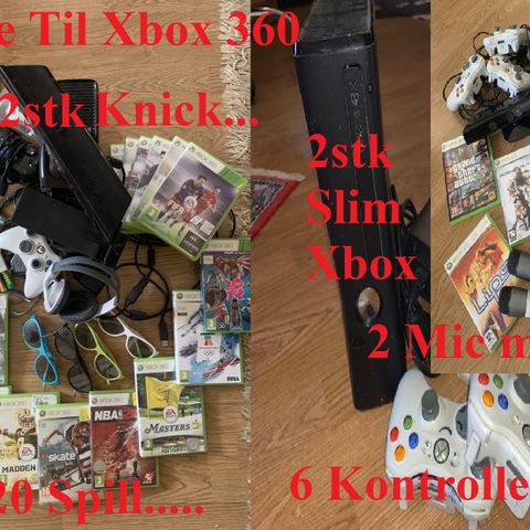 Xbox 360 Slim 250GB +22 Spill + 6 (4+2) Kontrollere + Kinect 2stk +2 Mikrofoner