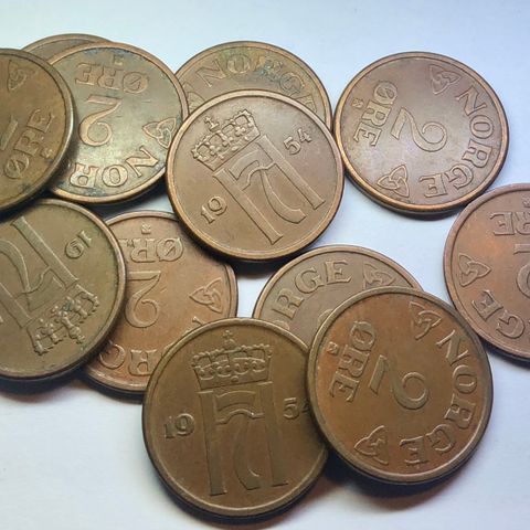 2 øre 1954 ... samlet for 40kr (KUN 10 Stk)