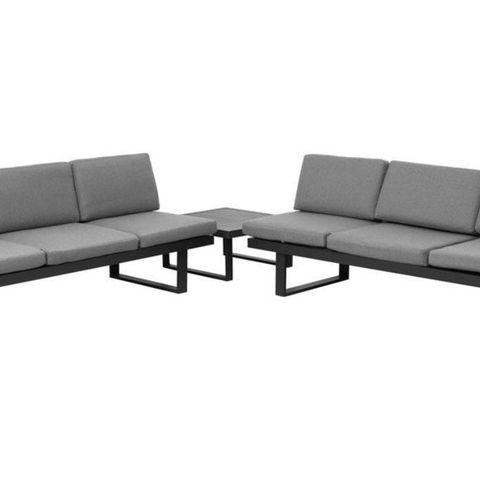 sofagruppe i aluminium bestående av to tresetersofaer med kaffebord