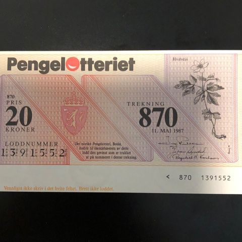 Norske pengelotteri,  trekning 870, 1987. (83 I )