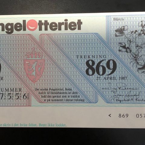 Norske pengelotteri,  trekning 869, 1987. (80 I )