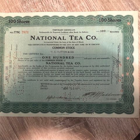 Aksjebrev fra National Tea CO  (1760 I)