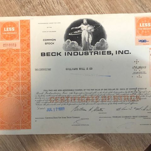 Aksjebrev fra Beck Industries. inc (1758 I)