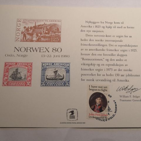 Norwex souvernir kort 1980 United States postal service