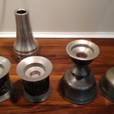 Pewter tinn lysestaker og ego tinn vase