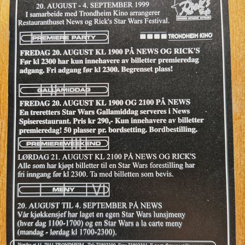 STAR WARS FESTIVAL TRONDHEIM. RICKS NEWS. 1999 REKLAMEFLYER. SO152