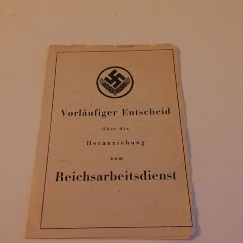 Foreløpig Tjenestebevis Reichsarbeitsdienst