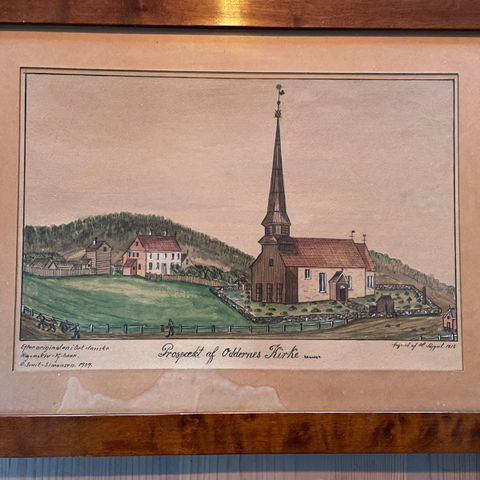 Gammel tegning av Oddernes kirke i Kristiansand 