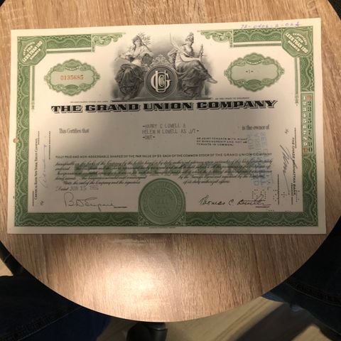 Aksjebrev fra The Grand Union Company. (1778 I)