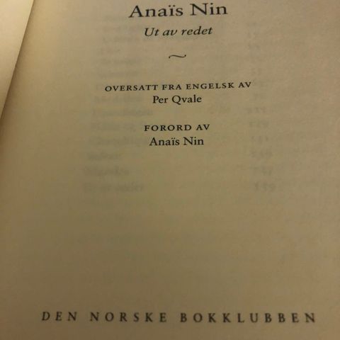 Anais Nin - Ut av redet til salgs. Innbundet