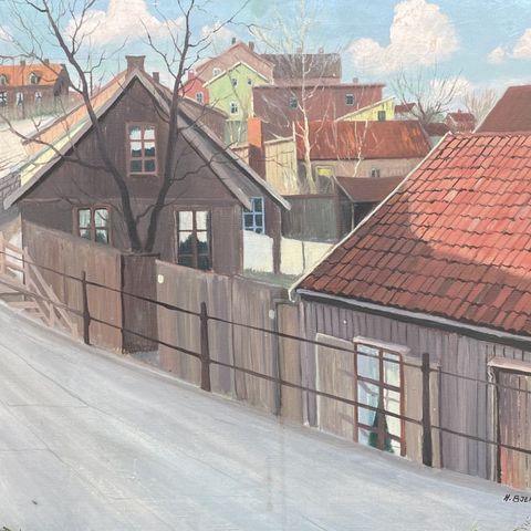 Maleri St Halvardsgt. 45 og 47 med utsikt til Galgeberg ca. 1910. H. Bjerved.