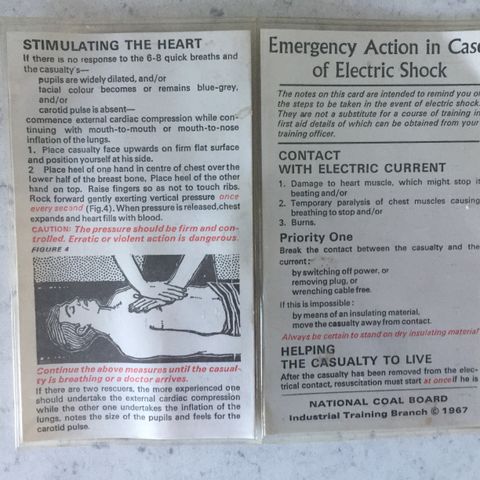 Vintage 1967 Laminated Emergency Action (Electric Shock) Instructions