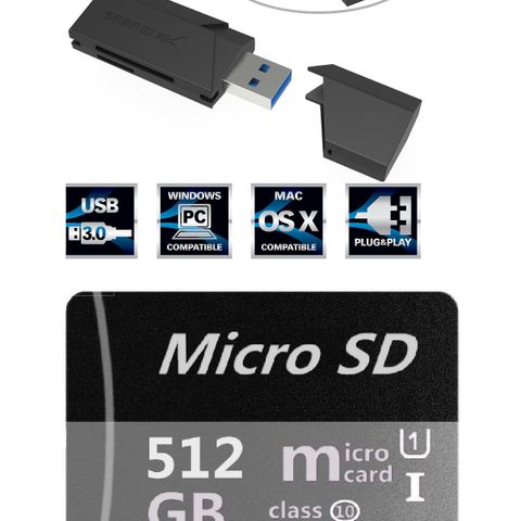 NY Micro-SD XC Minnekort 512GB! + SABRENT USB 3.0 KORTLESER - Gi BUD!