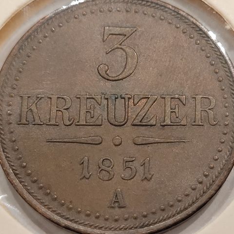 3 KREUZER 1851 A,  WIEN , Kv 0/01. Svært flott mynt