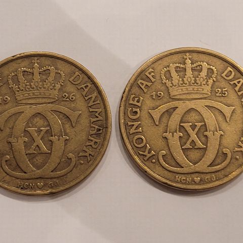2 krone Danmark årgang 1925 og 1926