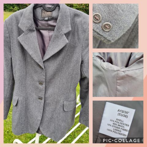 Tweed ridejakke blazer tweedjakke stevnejakke str 38 dame grå 40% ull