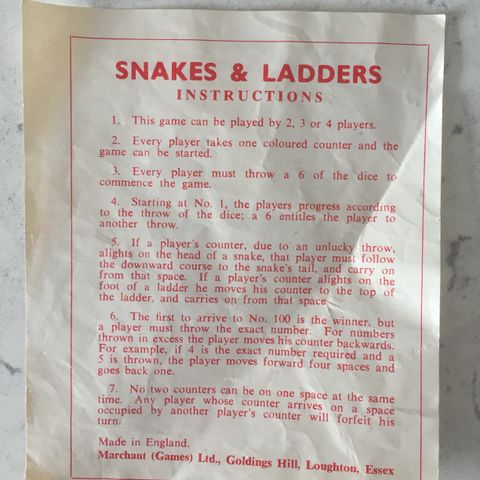 Vintage 1960-70s Snakes & Ladders Board Game Instructions Sheet