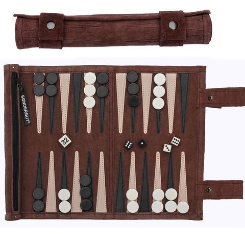 Backgammon reisespill i ekte skinn - Moccafarget