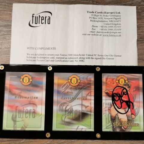 Futera 1998 Solskjær autografkort 82/250 alle 3 kortene + brev fra Futera