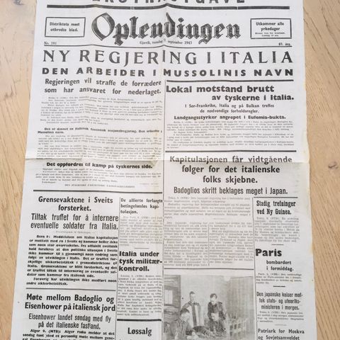 EKSTRA-utgave Oplendingen 09.09.1943: Mussolini trukket seg- nye fascister inn