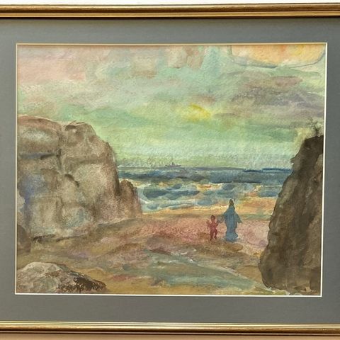 Anne Marie Gitlestad (1923-2017). Akvarell. "Båten kommer". Signert P. E.