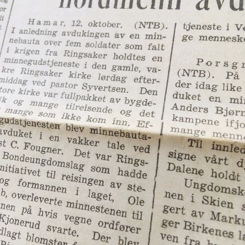 Morgenbladet 13.10.1941-Ringsaker / Hamar: Minnestein over falne avduket