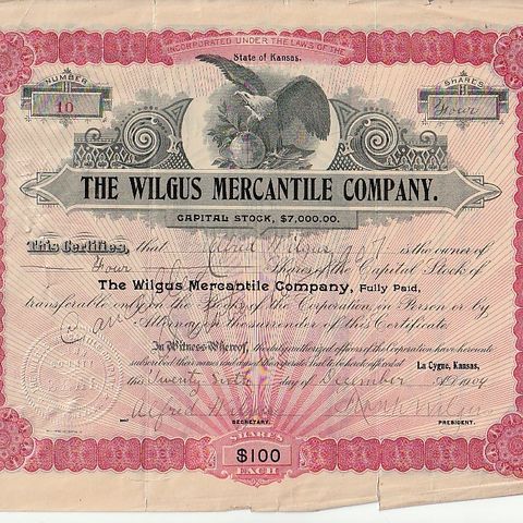 AKSJEBREV  USA- THE WILGUS MERCANTILE COMPANY  1904