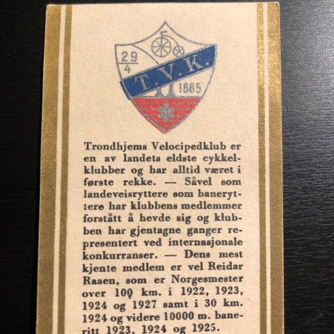 Trondhjems Velocipedklub Reidar Raaen Conrad Langaard sigarettkort fra 1930